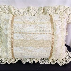 Vintage Crochet Lace Decorative Pillow Ribbon Accents